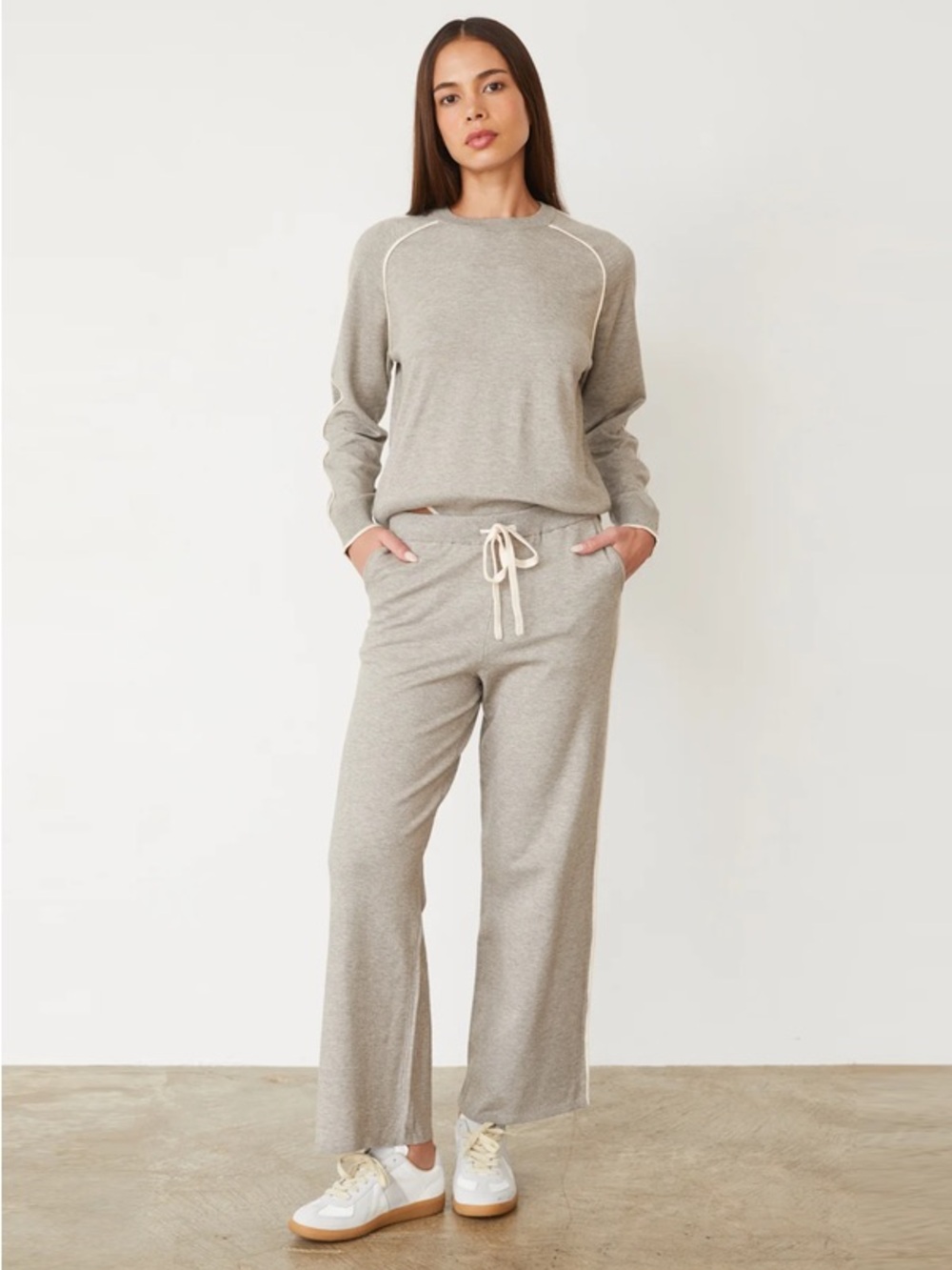 MONROW Light Soft Knit Contrast Piping Pants Heather Grey M NWT